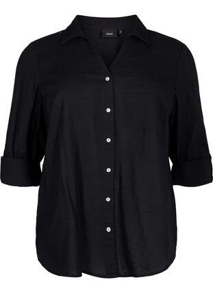 Zizzi Skjortblus med knappstängning i bomulls- och linneblandning, Black, Packshot image number 0