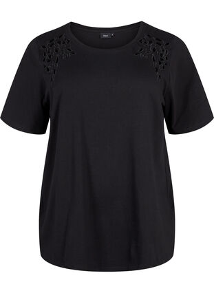 Zizzi T-shirt i ekologisk bomull med broderade detaljer, Black, Packshot image number 0