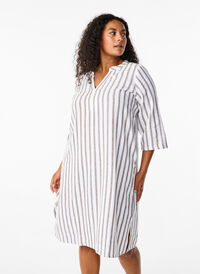 Randig tunikaklänning i linne- och viskosblandning, White Stripe, Model