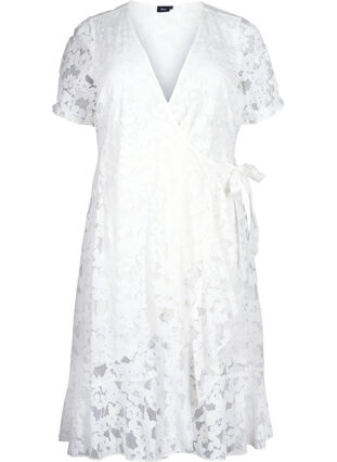 Zizzi Omlottklänning med spets och korta ärmar, Bright White, Packshot image number 0