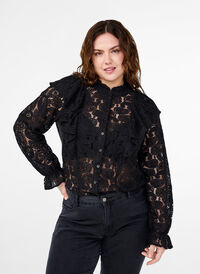 Skjortblus i spets med volangdetalj, Black, Model