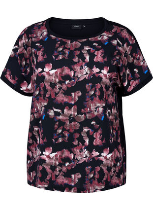 Zizzi Löst sittande t-shirt med blommigt tryck, Black Purple Fl. AOP, Packshot image number 0