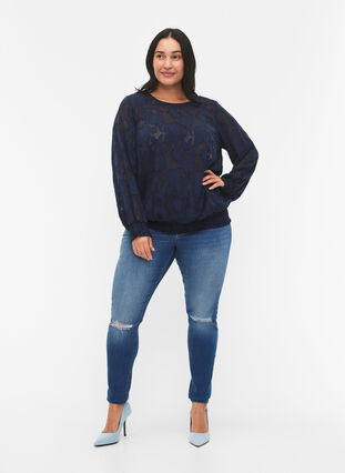 Zizzi Jacquardblus med smock, Navy Blazer, Model image number 2