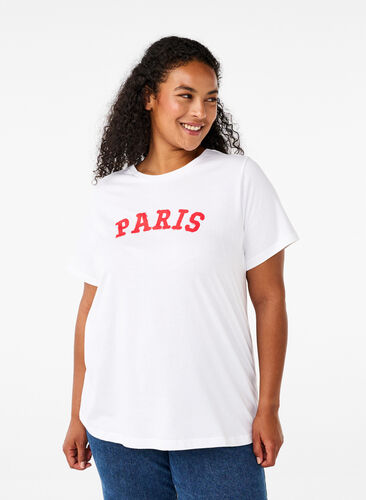 Zizzi T-shirt i ekologisk bomull med tryck, Bright White Printet, Model image number 0