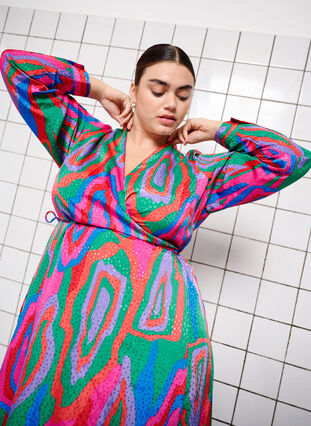 Zizzi Tryckt omlottklänning med långa ärmar, Colorfull Art Print, Image image number 0