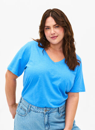 Zizzi Kortärmad enkel t-shirt med v-ringning, Marina, Model image number 0