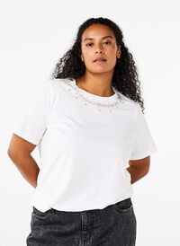 T-shirt med rund hals och strasstenar, Bright White, Model