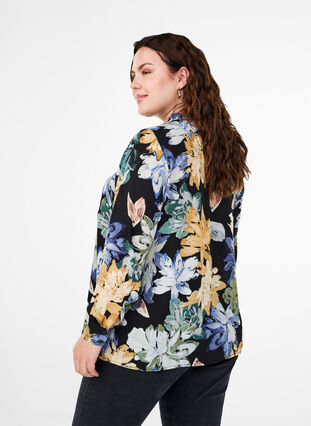 Zizzi Långärmad blus med blommigt tryck, Yellow Flower AOP, Model image number 1