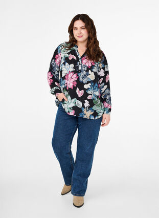 Zizzi Långärmad blus med blommigt tryck, Rose Flower AOP, Model image number 2