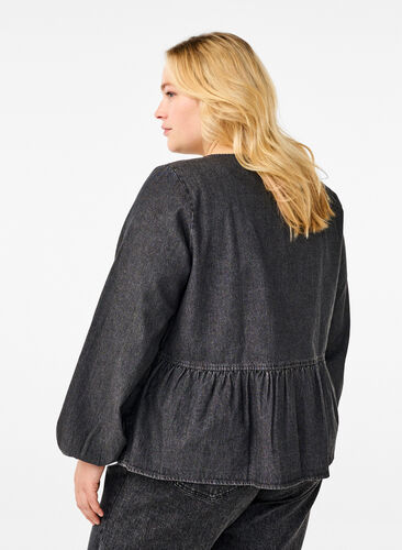 Zizzi Peplum blus i denim med knytband, Dark Grey Denim, Model image number 1