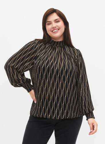 Zizzi Mönstrad blus med smock, Black Weaves AOP, Model image number 0