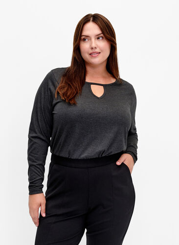 Zizzi Långärmad melerad blus, Black Mel. , Model image number 0