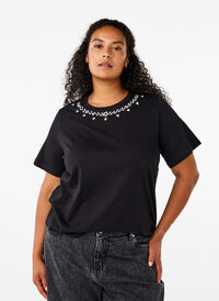 T-shirt med rund hals och strasstenar, Black, Model