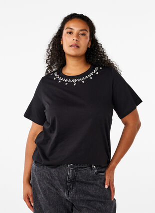 Zizzi T-shirt med rund hals och strasstenar, Black, Model image number 0