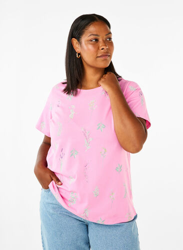 Zizzi T-shirt i ekologisk bomull med blommigt tryck, Rosebloom W. Flower, Model image number 0