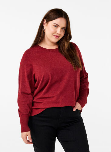 Zizzi FLASH - Stickad blus med rund hals, Merlot Mel., Model image number 0