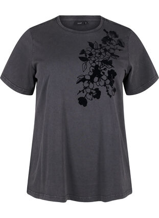 Zizzi T-shirt i ekologisk bomull med tryck, D.Grey Wash W. Flok, Packshot image number 0