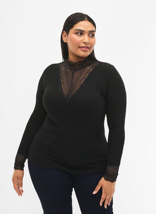 Zizzi Ribbad viskosblus med spets, Black, Model image number 0