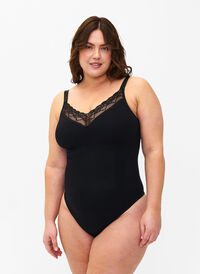 Formkläder bodystocking med snörning, Black, Model