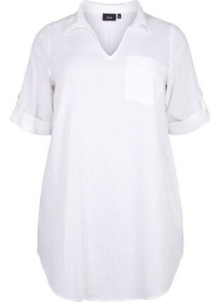 Zizzi Kortärmad tunika i bomullsblandning med linne, Bright White, Packshot image number 0