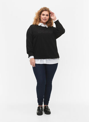 Zizzi Sweatshirt med broderad text, Black Copenhagen , Model image number 3