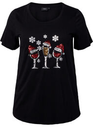 T-shirt med jultryck och paljetter, Black w. Wine