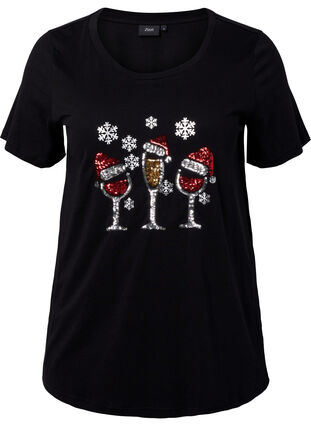 Zizzi T-shirt med jultryck och paljetter, Black w. Wine, Packshot image number 0