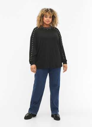 Zizzi Långärmad blus med pärlor, Black, Model image number 2