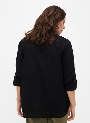 Zizzi Skjortblus med knappstängning i bomulls- och linneblandning, Black, Model image number 1