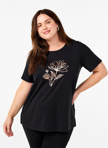 Zizzi FLASH - T-shirt med motiv, Black R. Gold Flower, Model image number 0