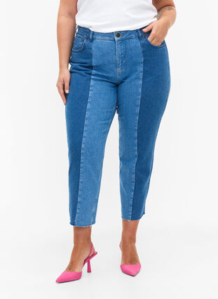 Zizzi Croppade Vera jeans med colour block, Blue denim, Model image number 3