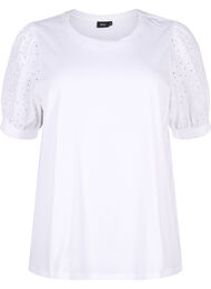 Blus i ekologisk bomull med broderie anglaise-ärmar, Bright White