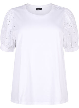 Zizzi Blus i ekologisk bomull med broderie anglaise-ärmar, Bright White, Packshot image number 0