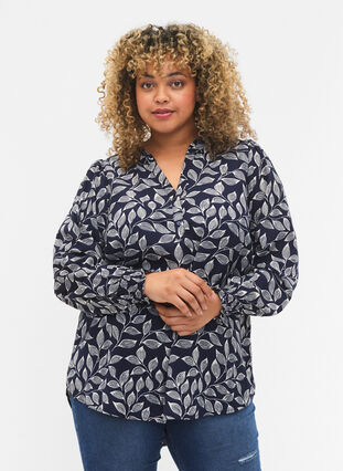 Zizzi Blus med smock och v-ringning, Navy Leaf, Model image number 0