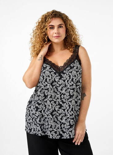 Zizzi Spetstopp i viskos, Black w. Wh.Leaf AOP, Model image number 0