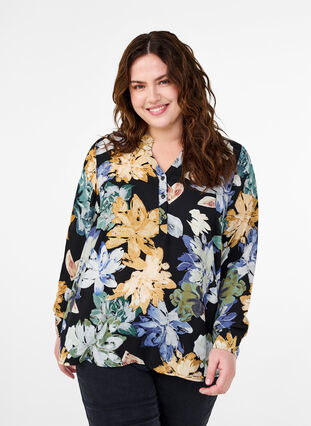 Zizzi Långärmad blus med blommigt tryck, Yellow Flower AOP, Model image number 0