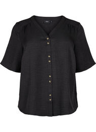 V-ringad skjortblus med korta ärmar, Black