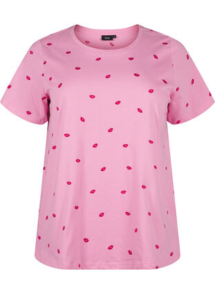 Zizzi T-shirt i ekologisk bomull med broderade läppar., Rose Bl. Lips Emb. , Packshot image number 0