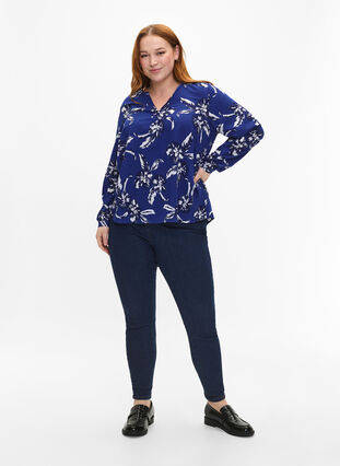 Zizzi FLASH - Långärmad blus med tryck, Navy Blazer Flower, Model image number 2