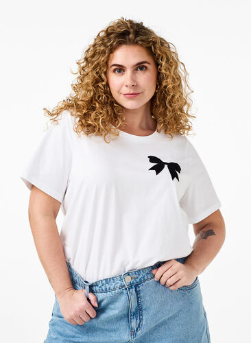 Zizzi T-shirt i bomull med fluga, Bright Wh. W. Black , Model image number 0