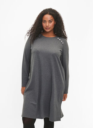 Zizzi Långärmad jerseyklänning med knappdetaljer, Dark Grey Melange, Model image number 0