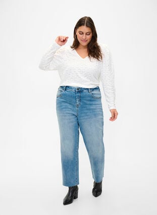 Zizzi Croppade jeans med råa kanter och hög midja, Light blue denim, Image image number 0