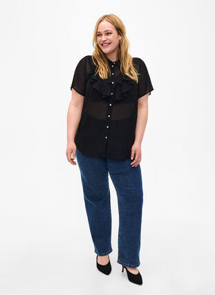 Zizzi Kortärmad skjortblus med volanger, Black, Model image number 2