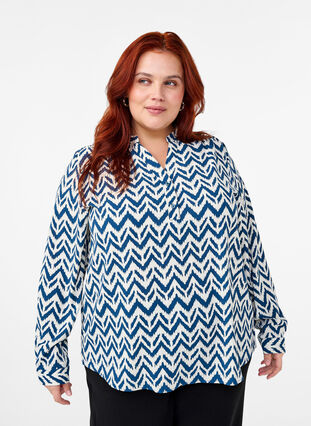 Zizzi Långärmad skjortblus med V-ringning, OFF WHITE ZIG ZAG, Model image number 0