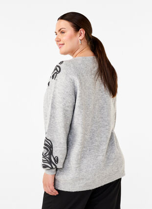 Zizzi Stickad blus med dekorativt mönster, Light Grey Melange, Model image number 1