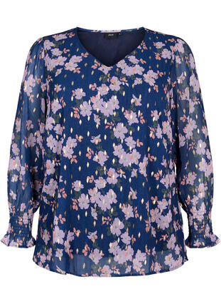 Zizzi Blommig blus med långa ärmar och v-hals, Blue Small Fl. AOP, Packshot image number 0