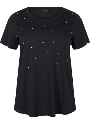 Zizzi T-shirt i bomull med strasstenar, Black, Packshot image number 0