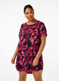 Klänning med mönster och korta ärmar, Bl.Purple Leaf AOP, Model