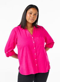 Skjortblus med knappstängning i bomulls- och linneblandning, Bright Rose, Model