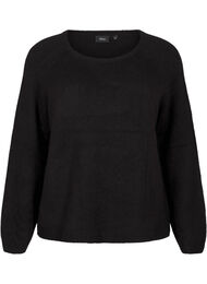 Löst sittande stickad blus med rund hals, Black